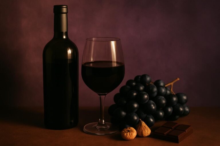 Tannat Wine Guide: The Most Tannic Grape on Earth 6 Glass and bottle of Tannat with black grapes, dried figs and dark chocolate