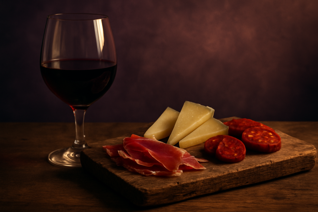 Tempranillo Wine Guide: Spain's Rustic Rhapsodist 2 Glass of Tempranillo red wine beside a Spanish tapas spread of jamon, Manchego and chorizo on a timber board