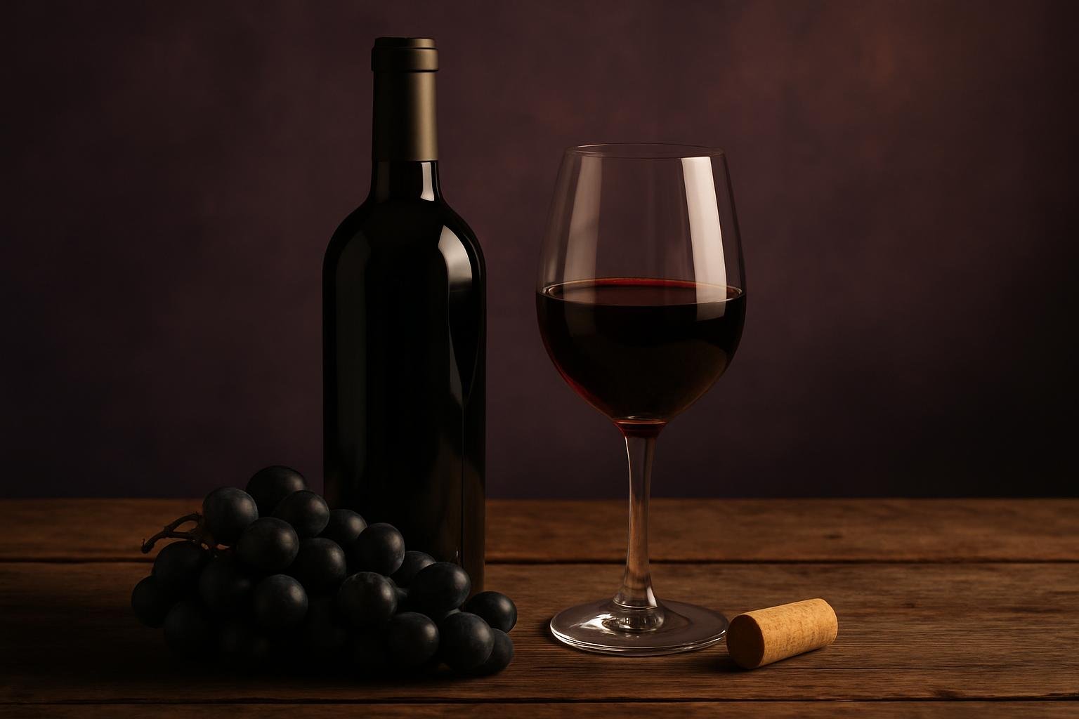 Bottle and glass of Tempranillo red wine with dark grapes on a timber table