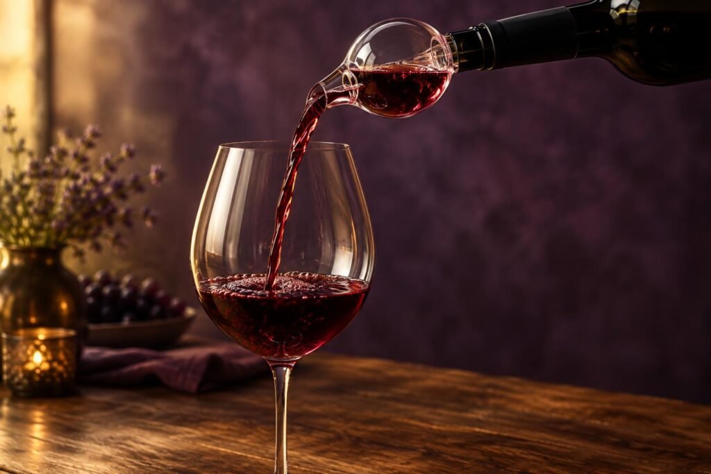 Red wine pouring through a glass bulb aerator into a wine glass