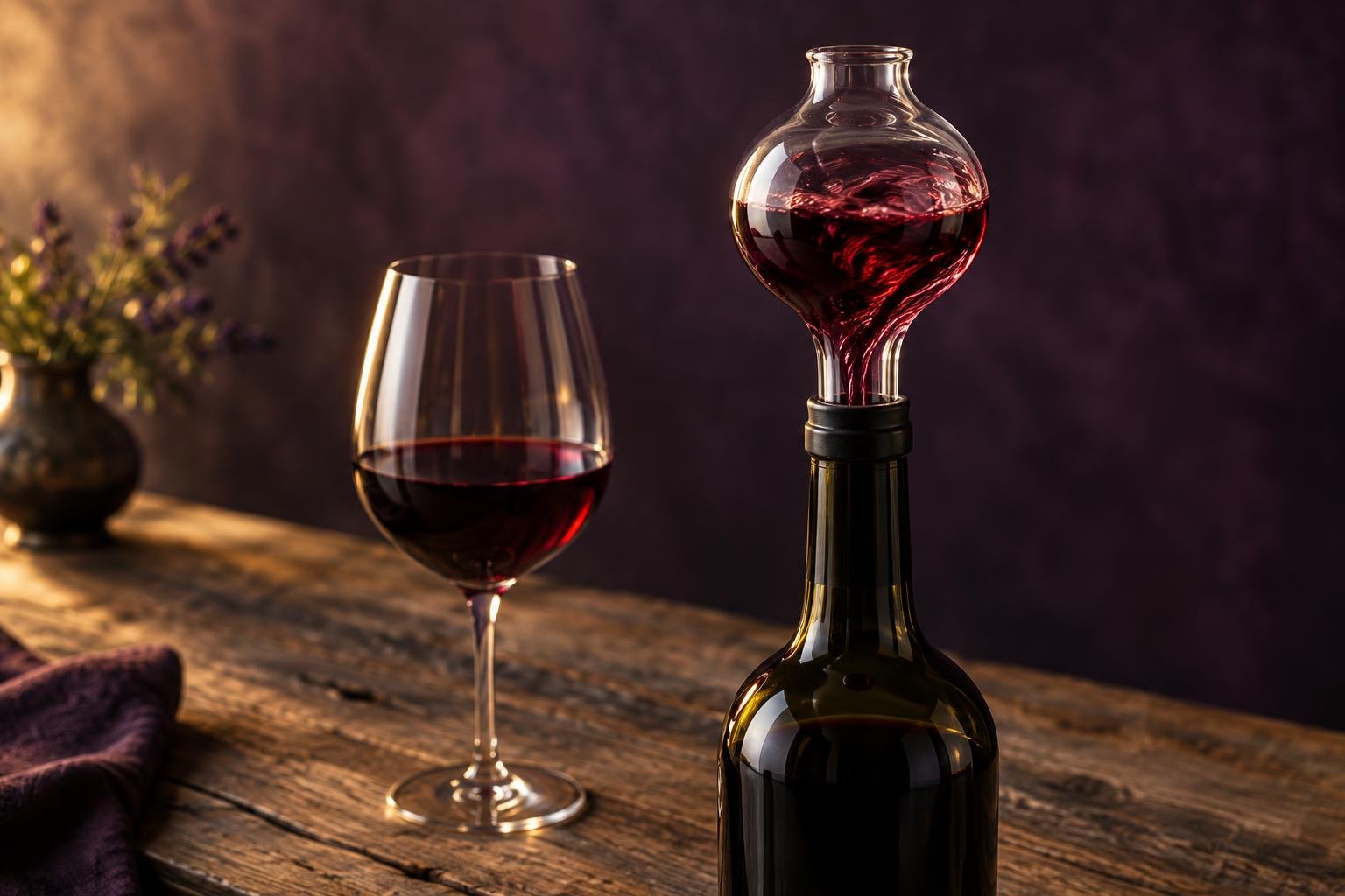 Hand-blown glass bulb aerator in the neck of a red wine bottle beside a glass of Shiraz