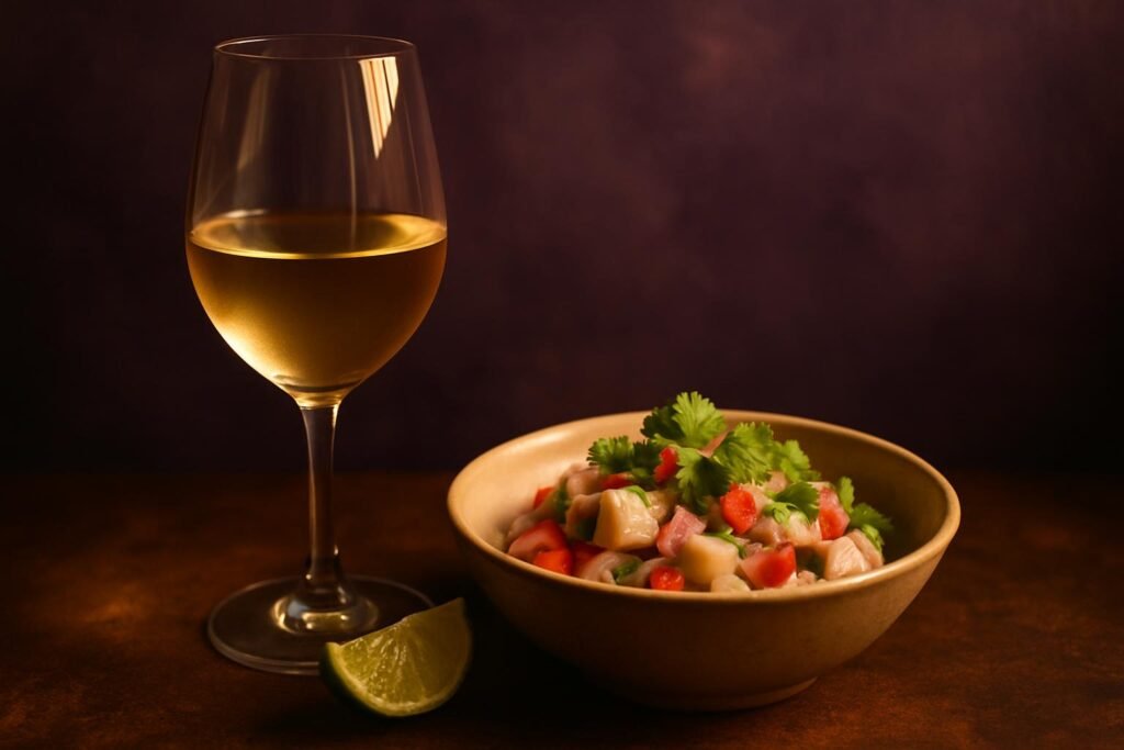 Glass of Torrontés beside a bowl of ceviche