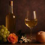 Glass and bottle of Torrontés with green grapes, a rose, jasmine and a white peach