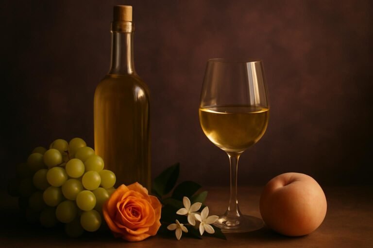 Torrontés Wine Guide: Argentina's Garden Party in a Glass 6 Glass and bottle of Torrontés with green grapes, a rose, jasmine and a white peach