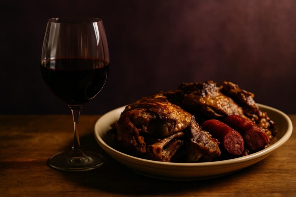 Glass of Touriga Nacional beside roast lamb and chouriço