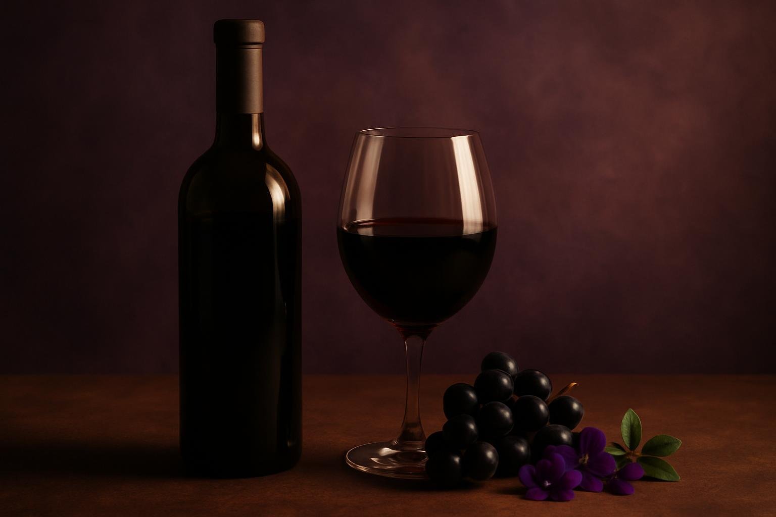 Glass and bottle of Touriga Nacional with black grapes and violets