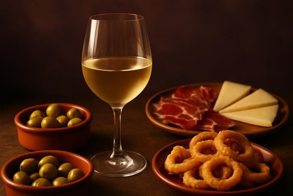 Glass of Verdejo beside a tapas spread