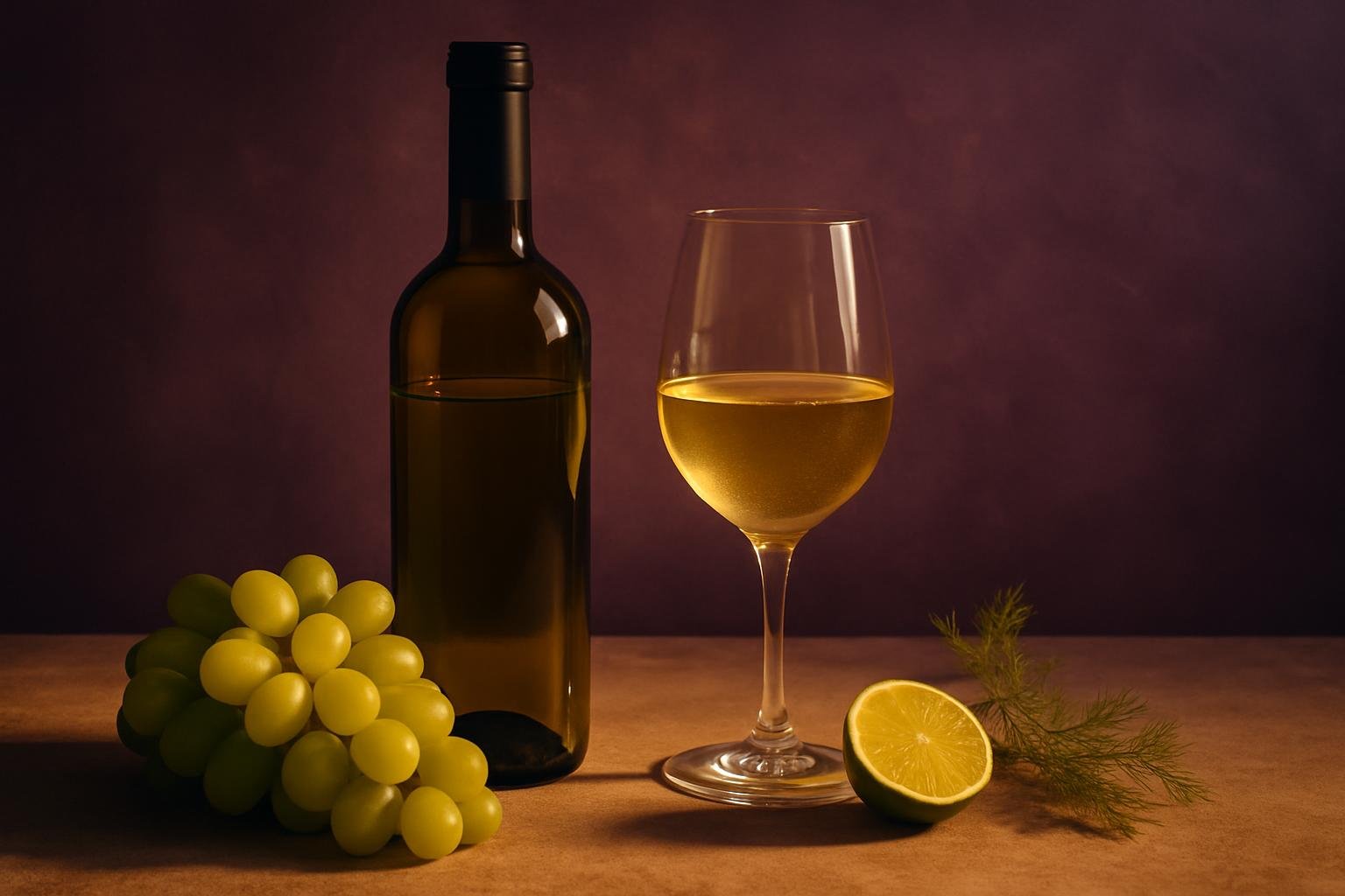 Glass and bottle of Verdejo with green grapes, lime and fennel