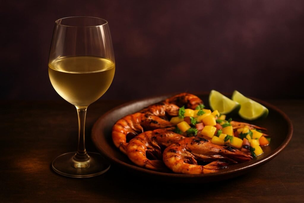Glass of Verdelho beside barbecued prawns with mango salsa