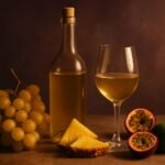 Glass and bottle of Verdelho with golden grapes, pineapple, passionfruit and lime