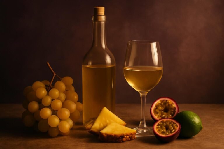 Glass and bottle of Verdelho with golden grapes, pineapple, passionfruit and lime