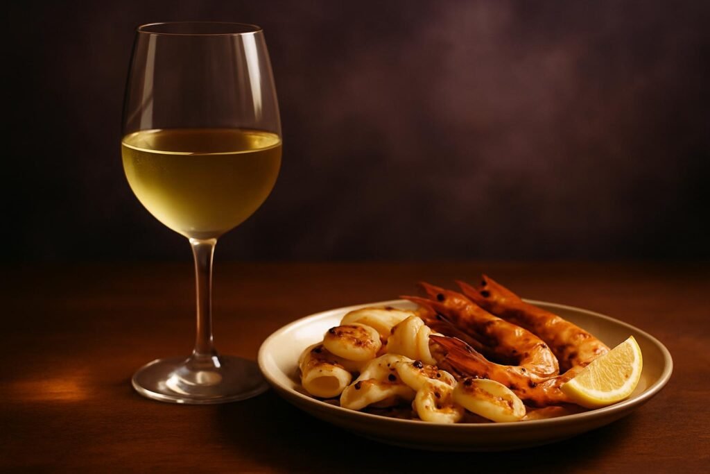 Vermentino Wine Guide: The Beach Bum of the Wine World 2 Glass of Vermentino beside grilled calamari and prawns
