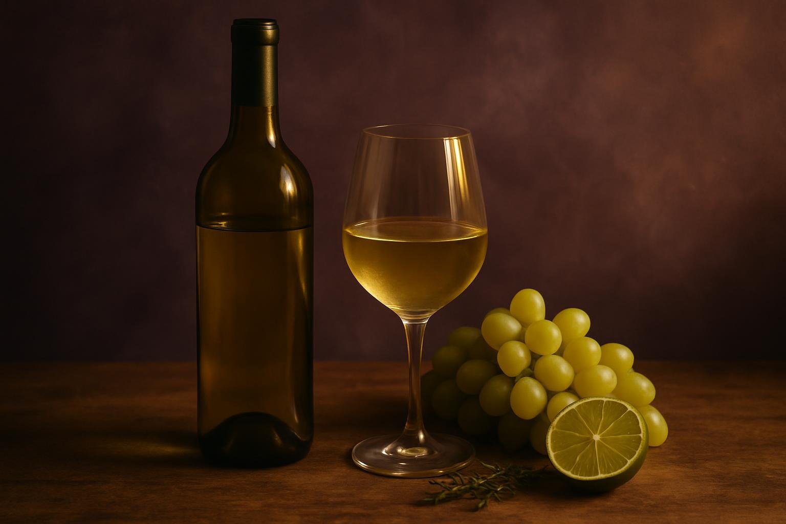 Glass and bottle of Vermentino with green grapes, lime and thyme