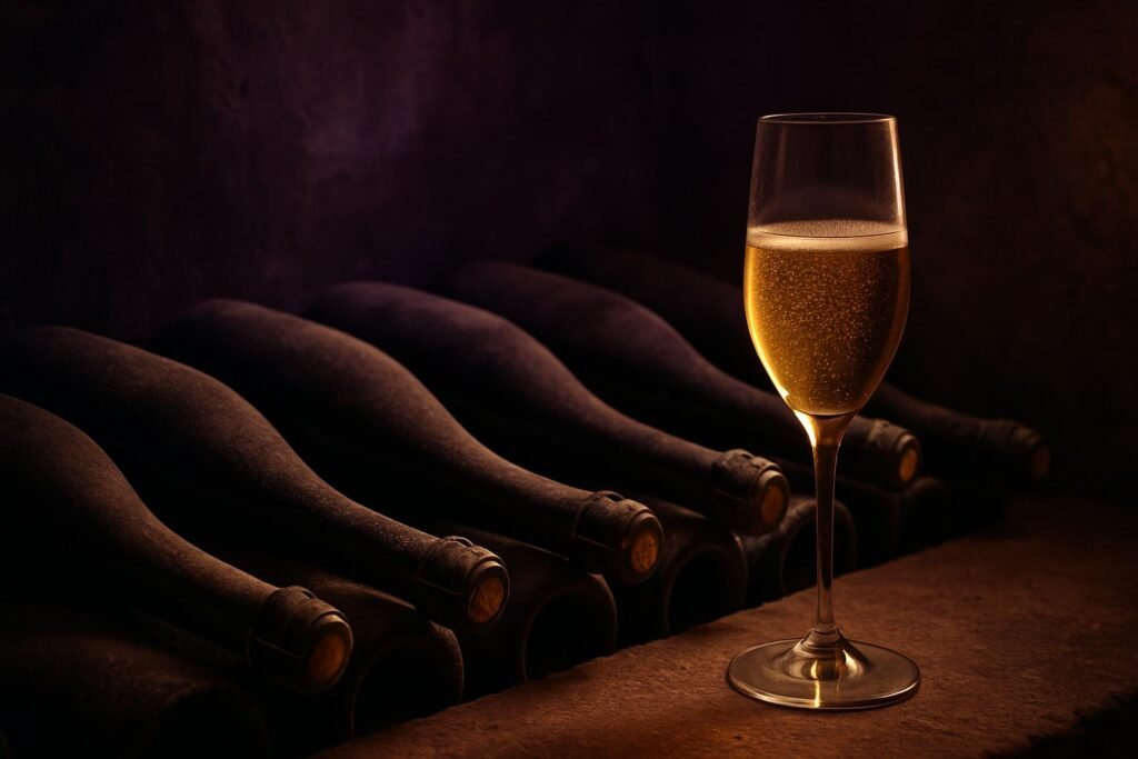 Champagne bottles ageing in a chalk cellar with a flute in the foreground