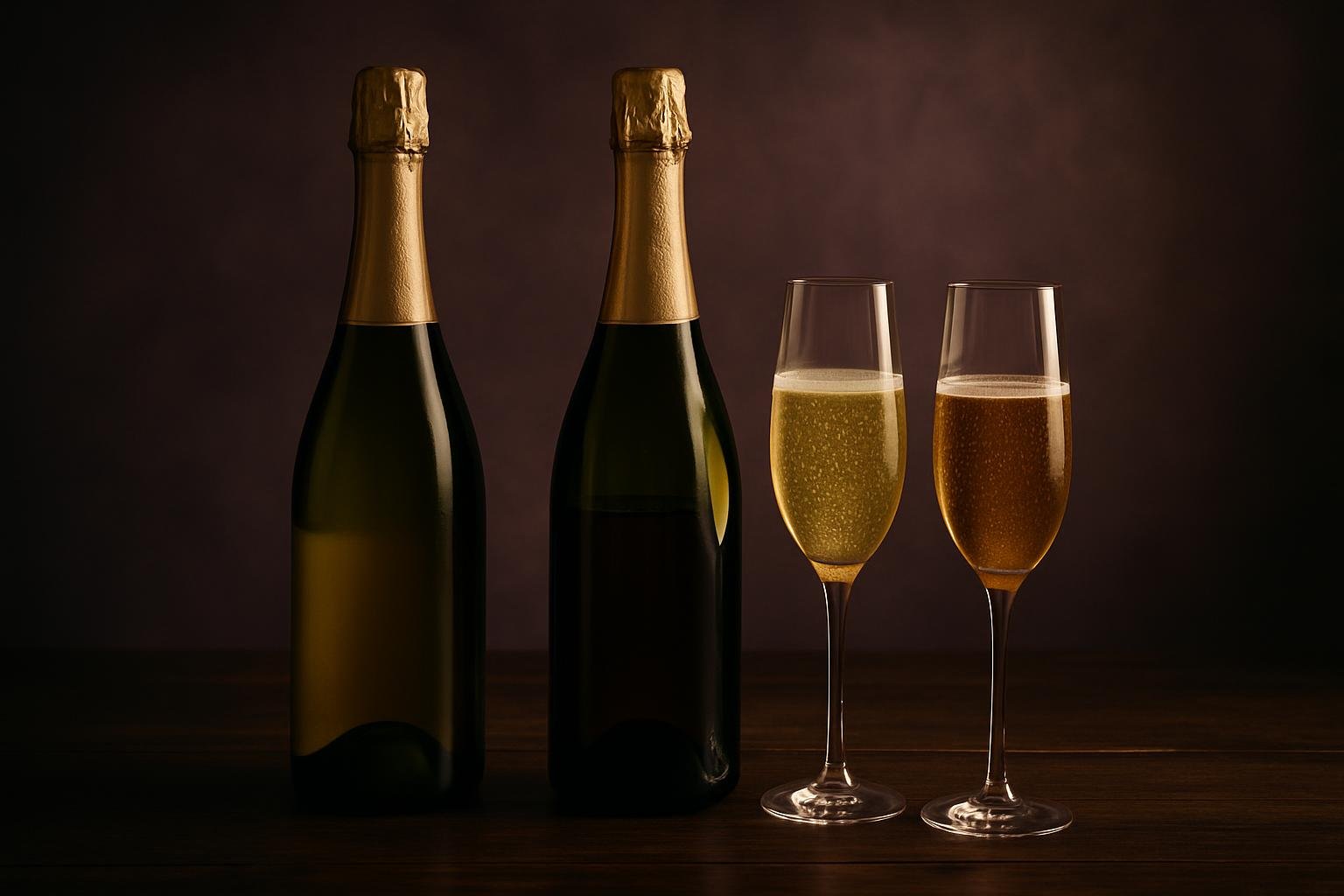 Two Champagne bottles and two flutes, one paler and one deeper gold