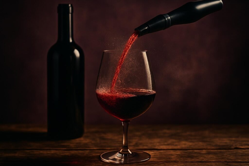 Red wine spraying through a black aerator into a glass