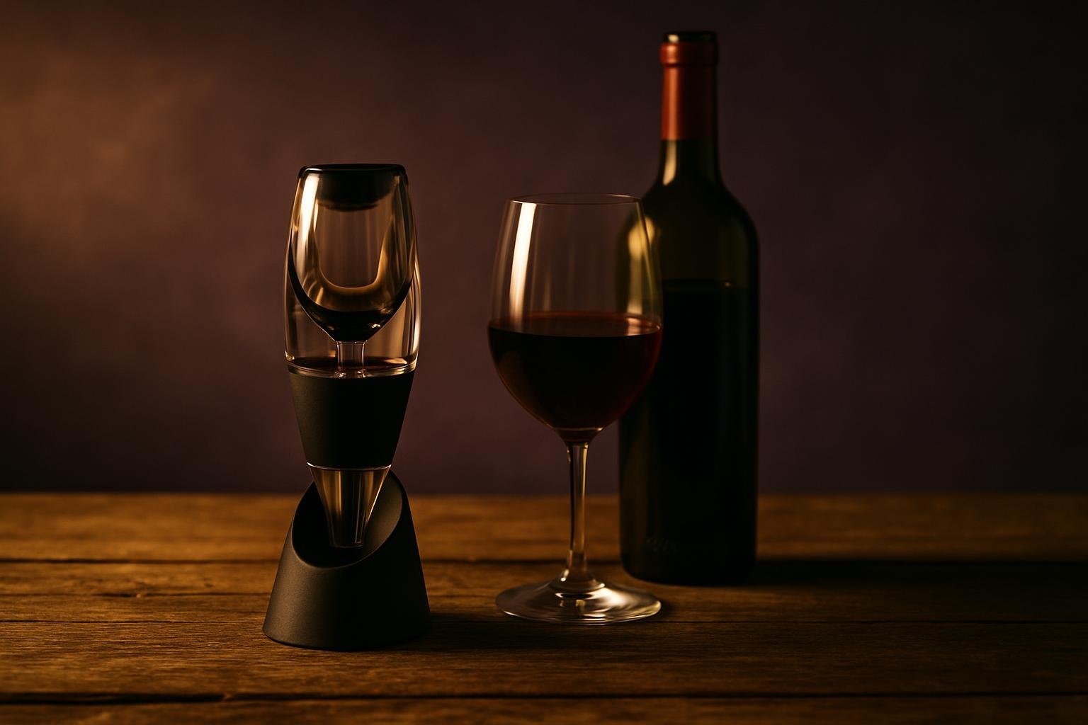 Black wine aerator on its stand beside a bottle and glass of red wine