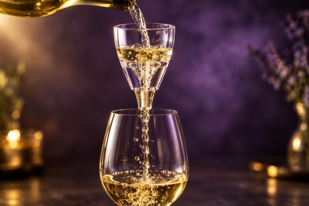 White wine pouring through a clear acrylic aerator into a glass