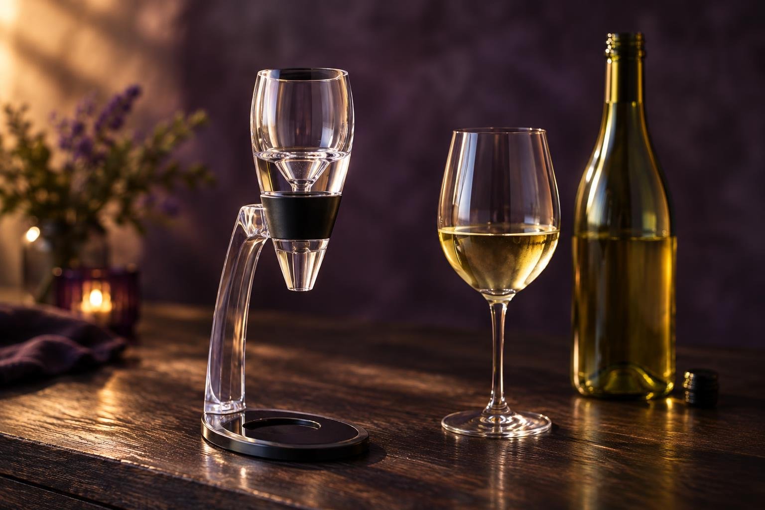 A clear acrylic wine aerator on its stand beside a glass of white wine
