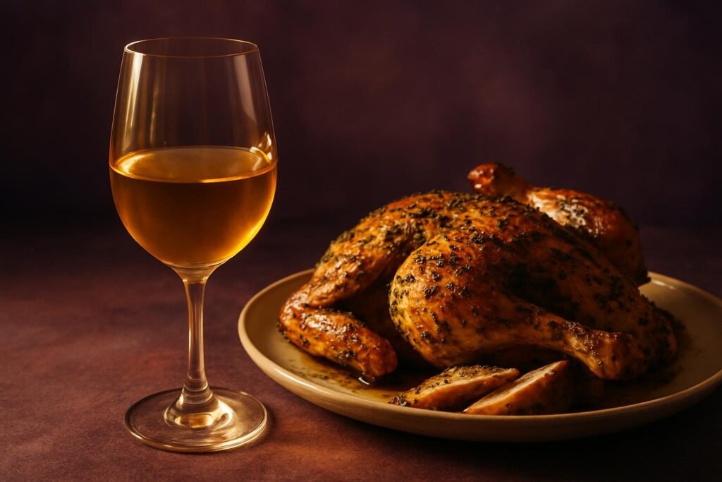 Viognier Wine Guide: The Enchanting Aromatist of the Vineyard 2 Glass of Viognier beside herb roast chicken