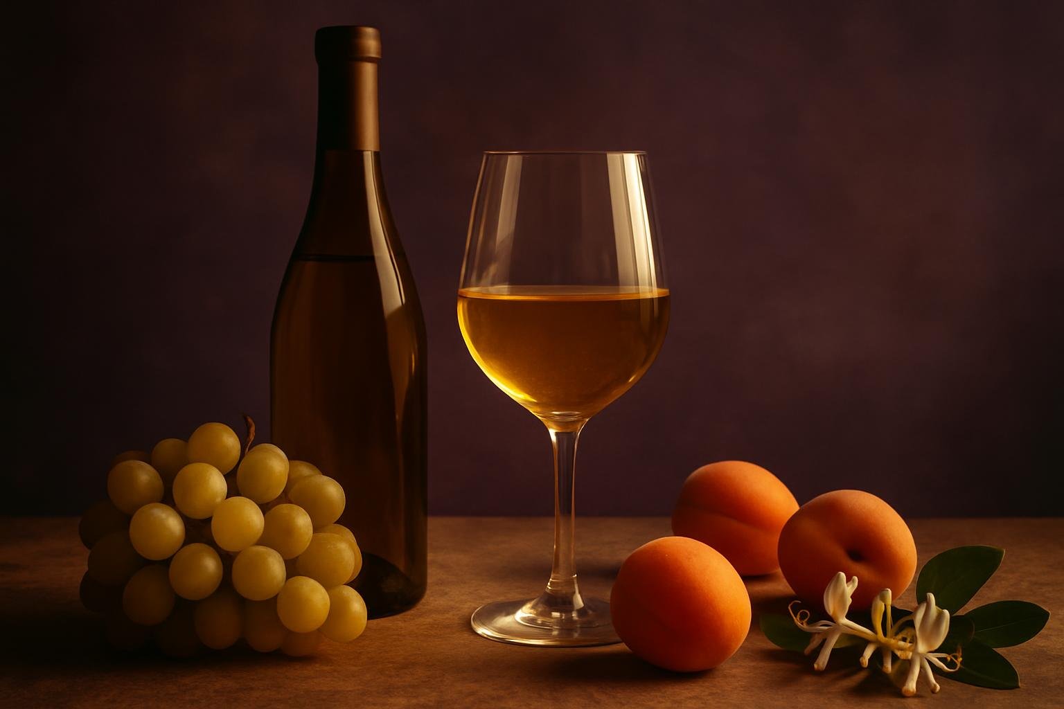 Glass and bottle of Viognier with golden grapes, apricots and honeysuckle