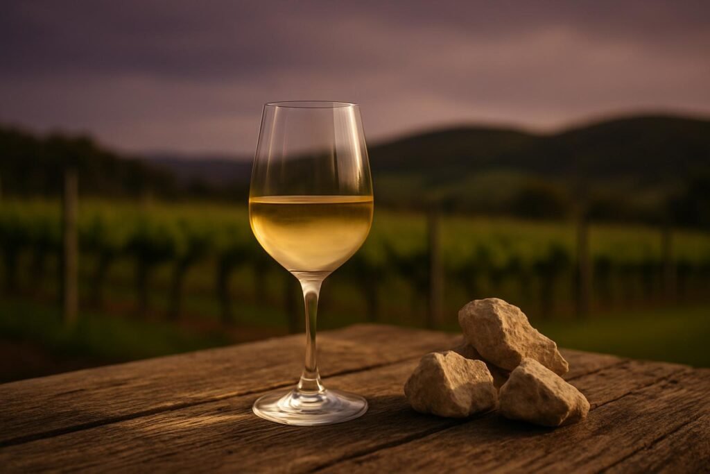 Waipara Valley Wine Region: New Zealand’s Riesling Heartland 2 Glass of pale golden Riesling on a timber table with vineyard behind