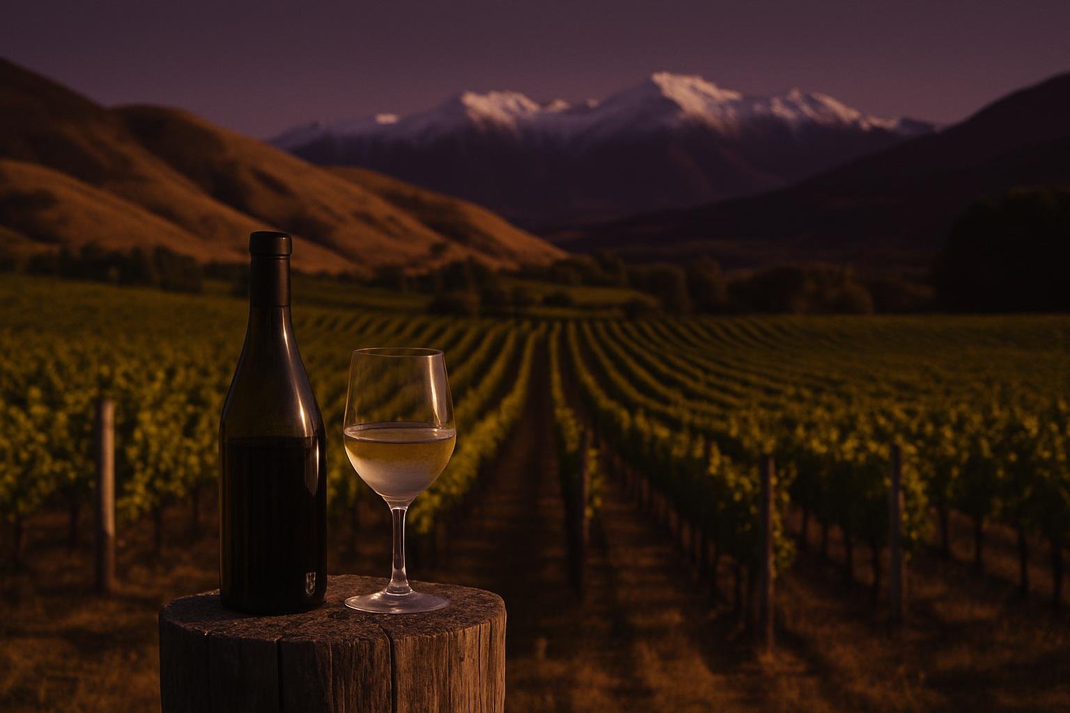 Vineyard rows on limestone hillsides with distant snow-capped mountains