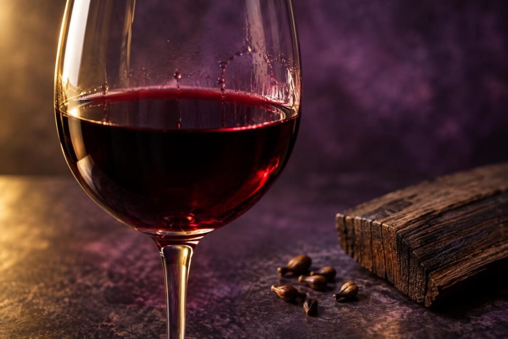 What Are Tannins in Wine? The Dry, Grippy Bit Explained 2 Close view of red wine coating the inside of a glass with grape seeds and an oak stave nearby