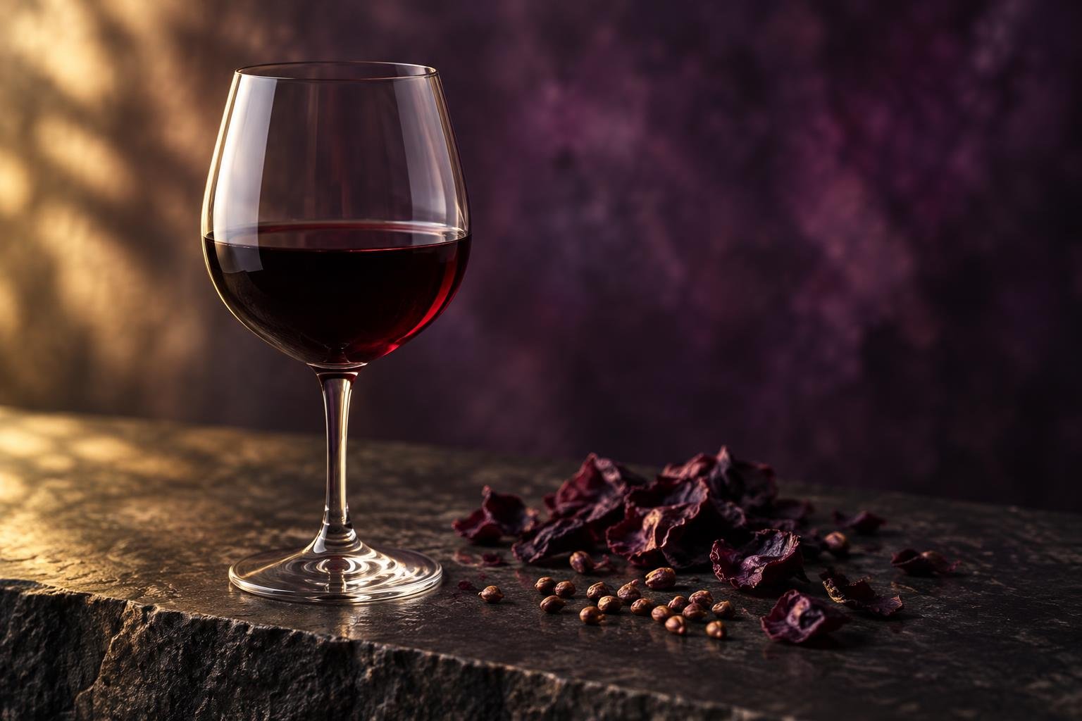 A glass of deep red wine beside dried grape skins and seeds on a dark bench