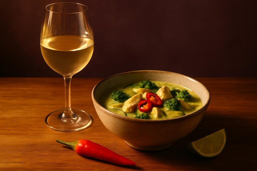 Glass of white wine beside a bowl of green curry