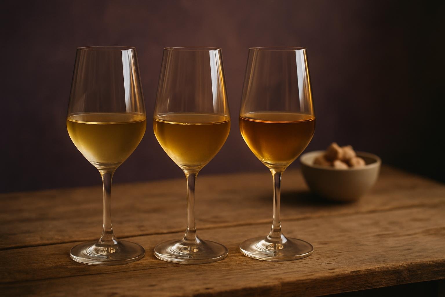 Three glasses of white wine in a row from pale to deep gold