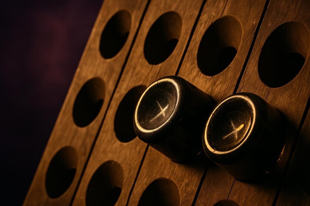 Close-up of bottle bases with chalk marks in a riddling rack