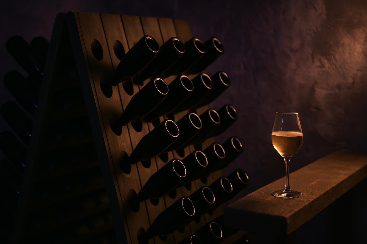 Wooden riddling rack holding sparkling wine bottles neck-down in a cellar