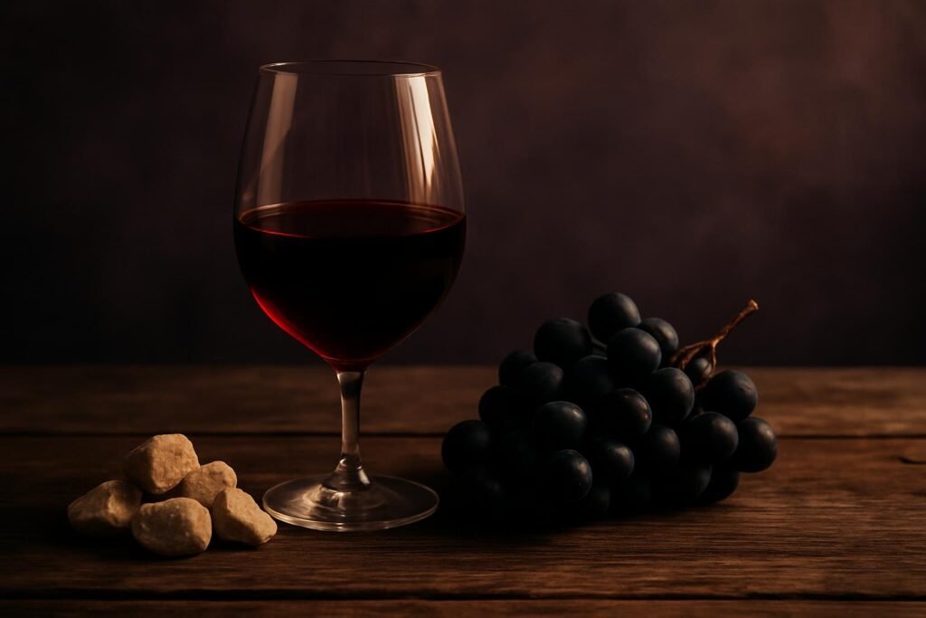Glass of red wine beside gravel stones and dark grapes on a timber table