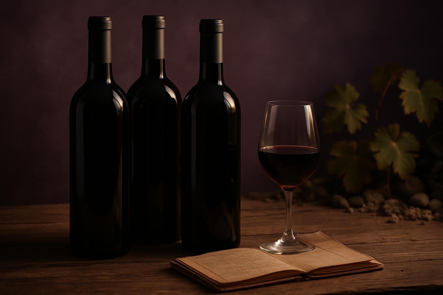 Three unlabelled Bordeaux bottles beside a glass of red wine on a timber table