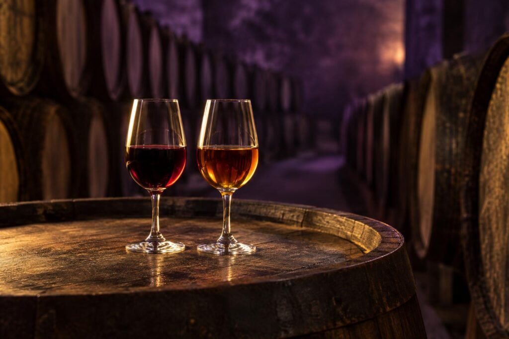 What Is Port Wine? Sweetness, Styles and Why It Is So Strong 2 A glass of ruby port and a glass of tawny port on a barrel in a cellar
