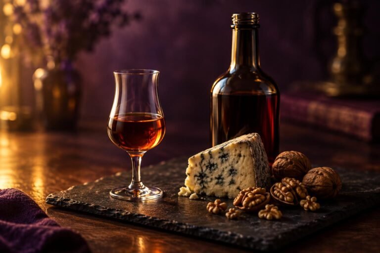 A glass of tawny port beside blue cheese and walnuts on a slate board
