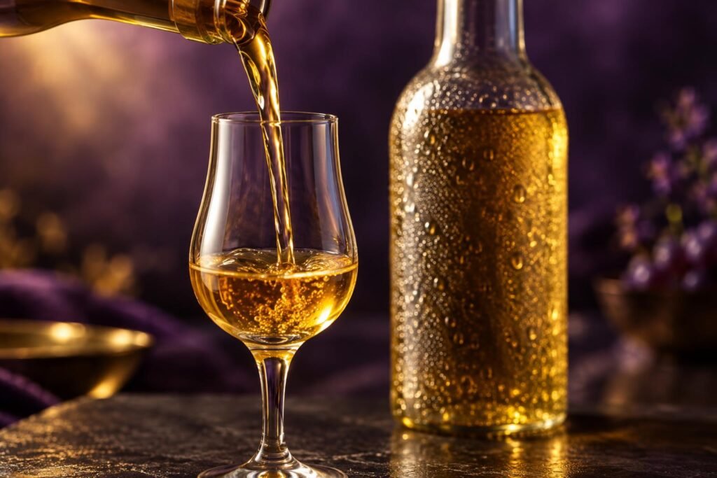 Residual Sugar in Wine: The Chart and What It Really Means 2 Golden dessert wine pouring slowly into a small tasting glass