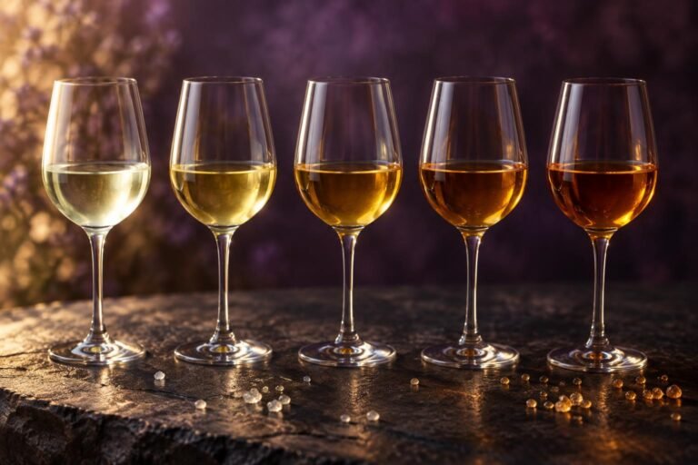 Five glasses of wine arranged from pale dry white to deep golden sweet wine