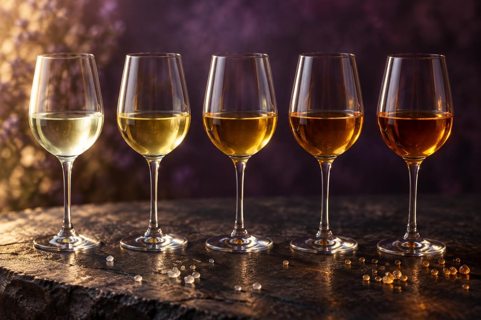 Five glasses of wine arranged from pale dry white to deep golden sweet wine
