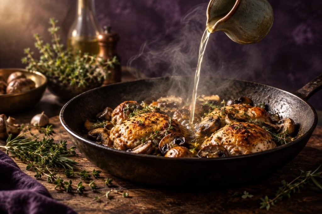 What Is Verjus? The Kitchen Acid That Does Not Fight Your Wine 2 Verjus poured into a hot pan to deglaze roasted chicken and mushrooms