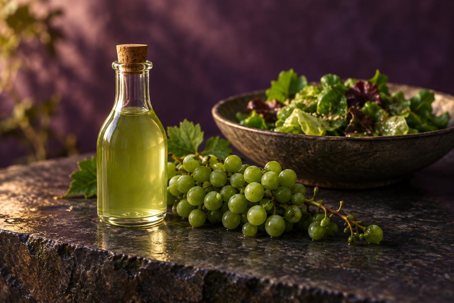 A bottle of verjus beside unripe green grapes on a dark stone bench