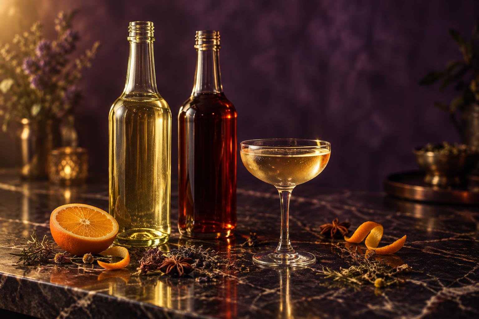 Two bottles of vermouth on a dark bar with an orange slice and dried botanicals