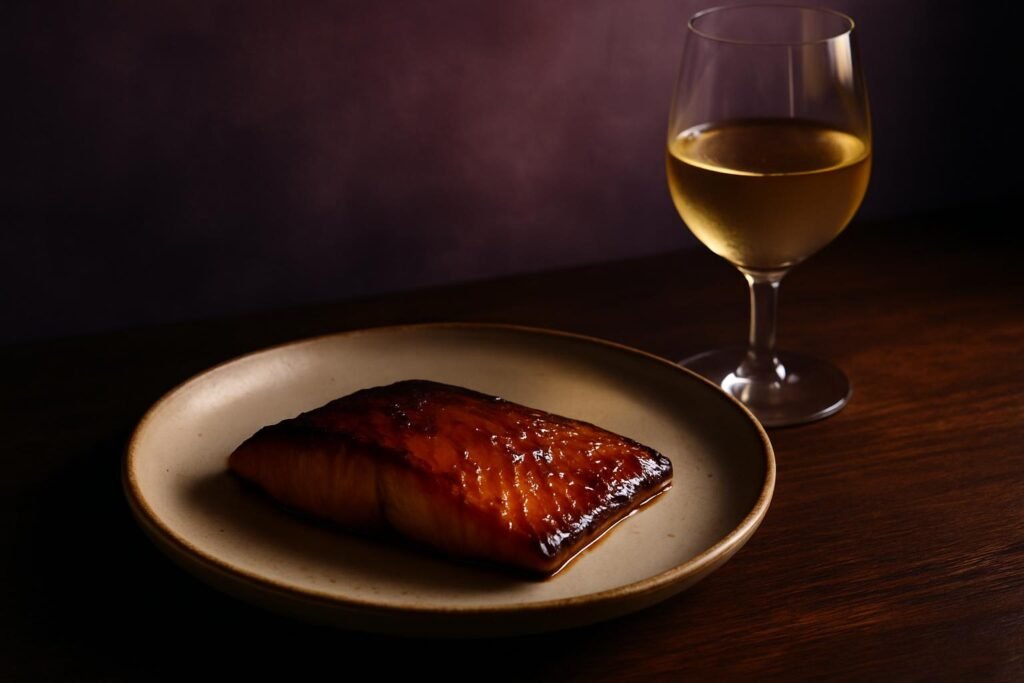 Miso and Wine: What to Pour (and What to Avoid) 2 Miso glazed fish fillet beside a glass of white wine
