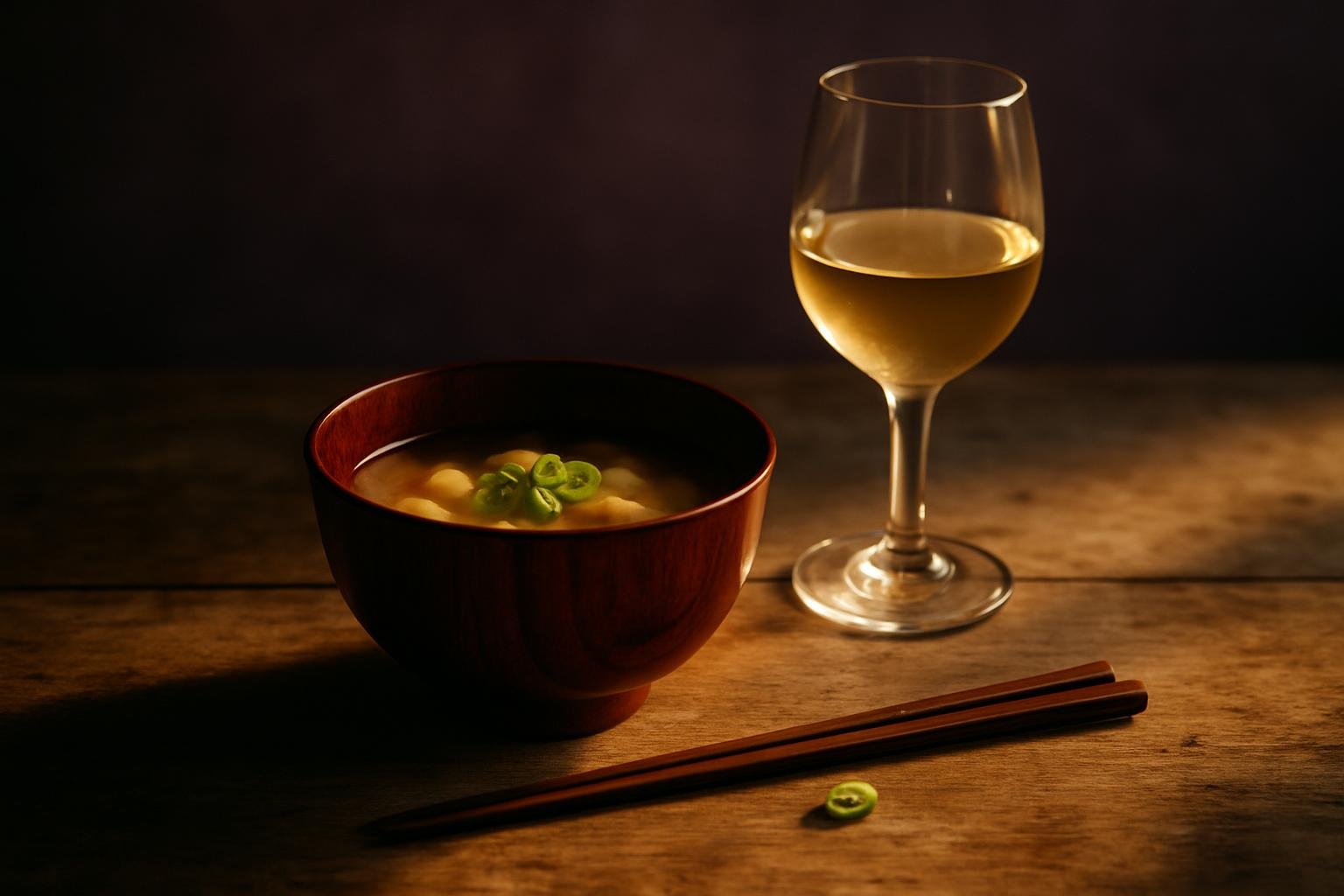 Bowl of miso soup beside a glass of white wine on a timber table