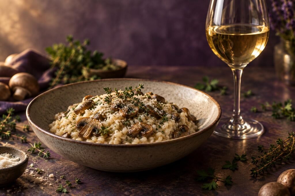 Creamy mushroom risotto beside a glass of white wine