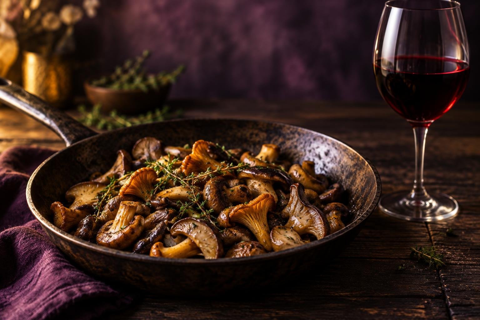 Pan fried mushrooms beside a glass of red wine