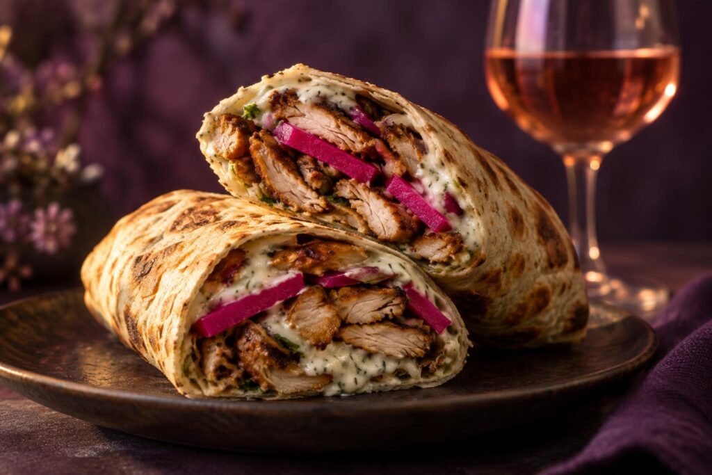 Chicken Shawarma Wine Pairing: Garlic, Pickles and Spice 2 Chicken shawarma wrap cut open with pickles beside a glass of rose