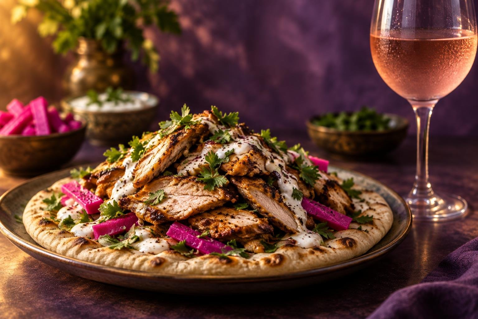 Chicken shawarma on flatbread with pickles beside a glass of rose wine