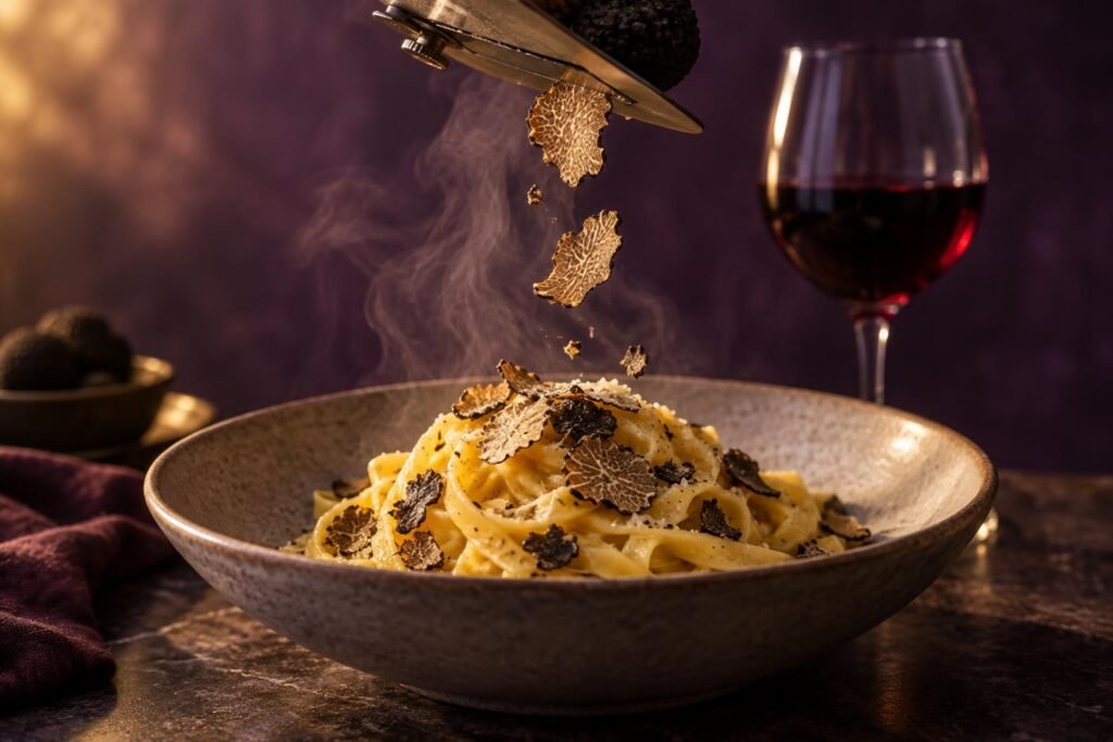 Black truffle shaved over buttered pasta beside a glass of red wine